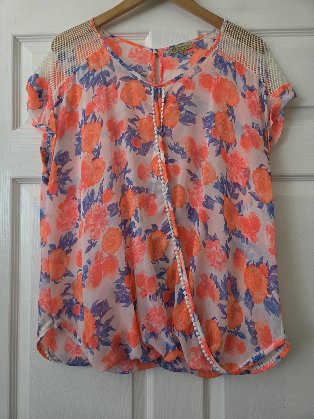 Floral Mesh Shoulder Peasant Blouse - Coral & Purple Women's XL